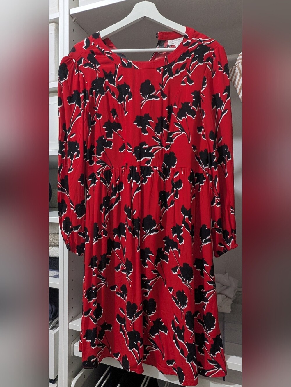Seraphine Red Floral Long-Sleeve Maternity Dress with Black and White Print